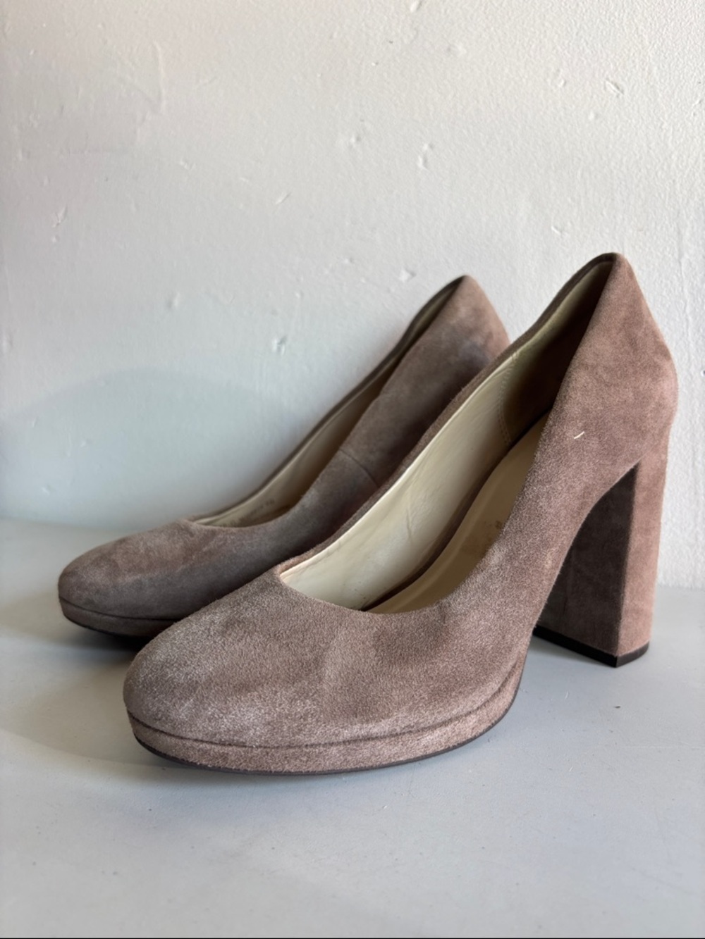 Cole Haan Taupe Suede Block Heel Pumps